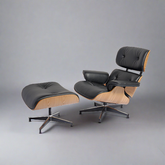 ames Lounge Chair and Ottoman in Ash Wood and Black Leather – Mid-Century Replica