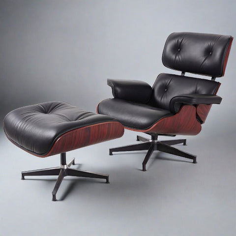Charles Eames Style Lounge Chair & Ottoman - Dark Rose Wood | Black Charles Eames Style Lounge Chair & Ottoman - Dark Rose Wood | Black
