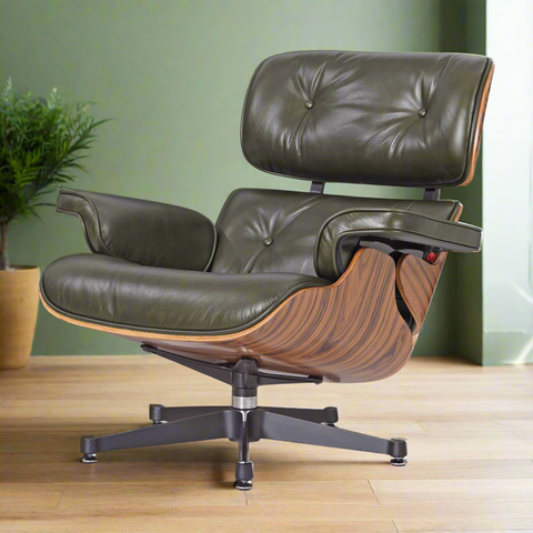 Charles Eames Deluxe Lounge Chair and Ottoman | Olive Green Waxed Leather | Rose Wood Charles Eames Deluxe Lounge Chair and Ottoman | Olive Green Waxed Leather | Rose Wood