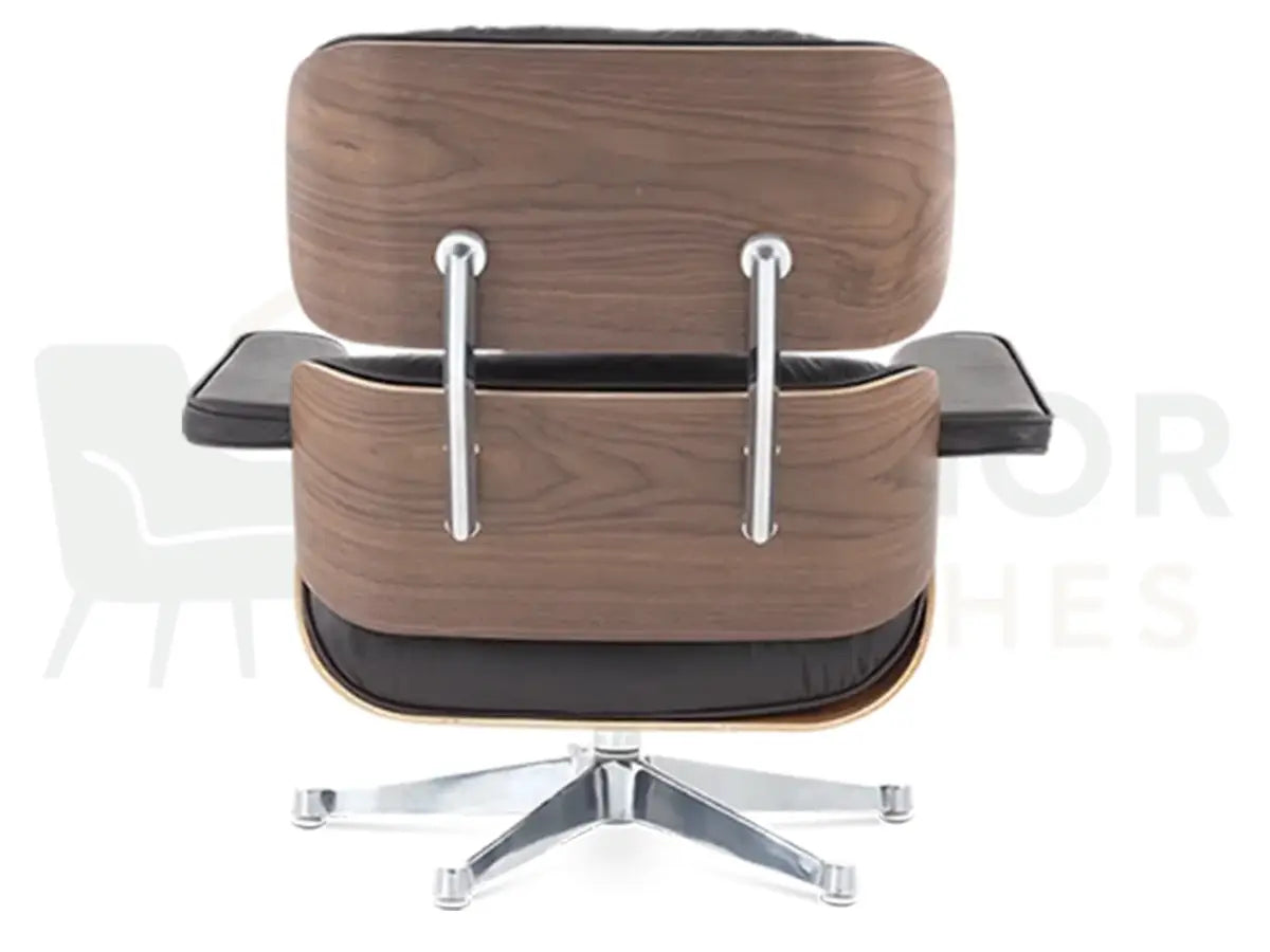 Whether placed beside a fireplace or in a sophisticated office, this walnut lounge chair replica combines deep brown leather seating with a polished chrome support for a refined finish.