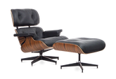 Designer Lounge Chair & Ottoman - Rosewood Veneer & Black Leather