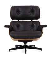 Designer Lounge Chair & Ottoman - Rosewood Veneer & Black Leather