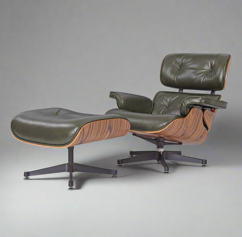 Charles Eames Deluxe Lounge Chair and Ottoman | Olive Green Waxed Leather | Rose Wood Charles Eames Deluxe Lounge Chair and Ottoman | Olive Green Waxed Leather | Rose Wood