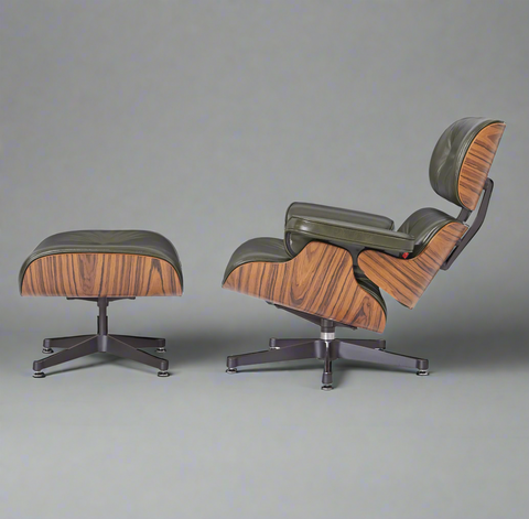 Charles Eames Deluxe Lounge Chair and Ottoman | Olive Green Waxed Leather | Rose Wood Charles Eames Deluxe Lounge Chair and Ottoman | Olive Green Waxed Leather | Rose Wood