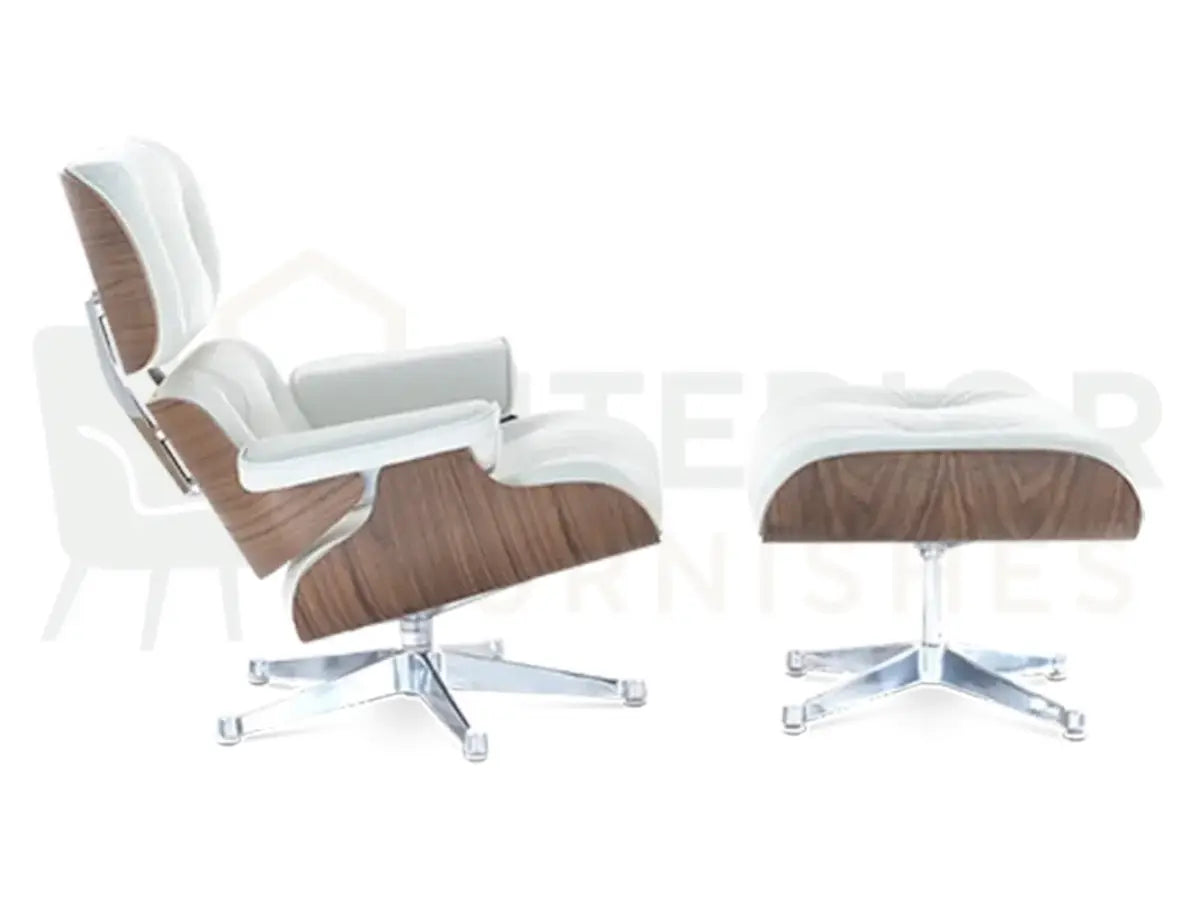 Designed to elevate executive offices and premium reception areas, this walnut lounge chair replica pairs elegant white leather with a bright chrome base for a refined appearance.