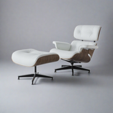 “Eames Lounge Chair & Ottoman in White Leather with Walnut Wood Finish – Mid-Century Modern Design”