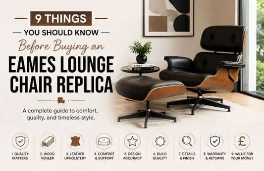 9 Things You Need to Know Before Buying an Eames Lounge Chair Replica with black leather upholstery and walnut wood veneer