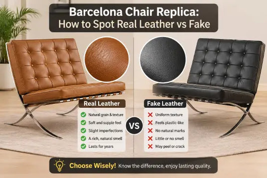 Barcelona chair replica comparison showing real leather vs fake leather, highlighting differences in texture, softness, natural grain, and durability.