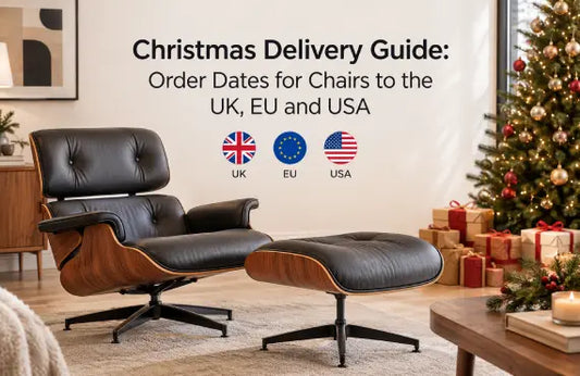 Christmas delivery guide featuring a designer-inspired leather lounge chair and ottoman, with Christmas decorations and delivery information for the UK, EU and USA in 2026.