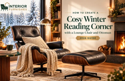 Brown leather lounge chair and ottoman in a cosy winter reading corner beside a window with a floor lamp and wool throw