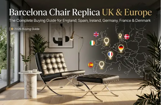 Luxury Barcelona chair replica with black leather and polished stainless steel frame in a modern living room, UK and Europe buying guide covering England, Spain, Ireland, Germany, France, and Denmark.