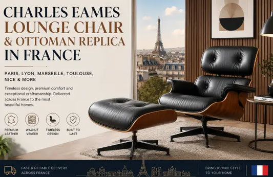 Luxury mid-century lounge chair with ottoman in walnut wood and premium black leather for modern homes in France
