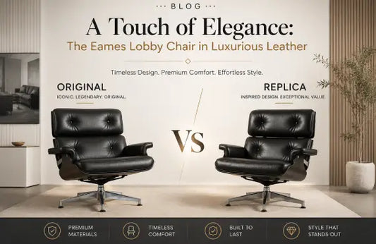 Lobby Chair Replica vs Original – Premium Eames Style Executive Lobby Chair ES104 in Black Leather compared to Herman Miller original, polished aluminium frame, mid-century modern design, Interior Furnishes UK