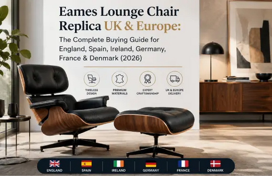 Premium Eames Lounge Chair Replica in a modern living room, complete buying guide for homes across the UK, England, Spain, Ireland, Germany, France, and Denmark with walnut wood and black leather finish.