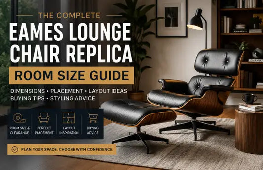 Eames Lounge Chair Replica room size guide banner showing a modern leather lounge chair and ottoman in a contemporary living room with layout, placement, and buying tips