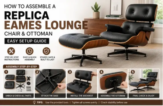 How to assemble a Replica Eames Lounge Chair and Ottoman with step-by-step installation instructions, including base assembly, backrest fitting, ottoman setup, and final chair configuration.