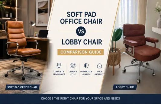 Side-by-side comparison of a Soft Pad Office Chair and Tan Brown Lobby Chair in modern office interiors for workspace and seating selection.