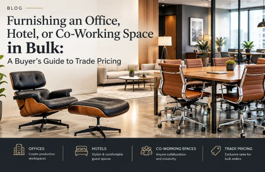 Reception area furnished with mid-century modern lounge chairs for a commercial trade and wholesale order