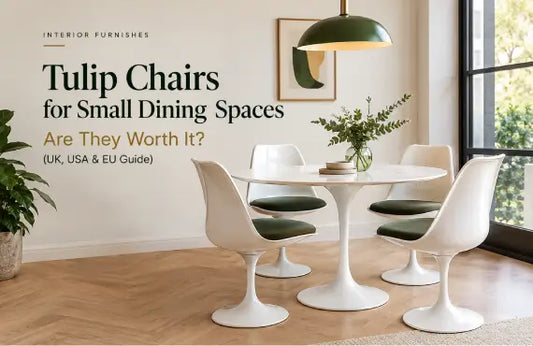 Tulip chairs for small dining spaces with a white dining table and green cushions – modern dining room ideas for UK, USA and EU homes.