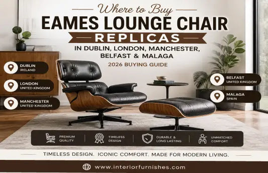 Premium Eames lounge chair replica with ottoman in a contemporary interior, featuring buying guide locations across Dublin, London, Manchester, Belfast, and Malaga for modern furniture shoppers.