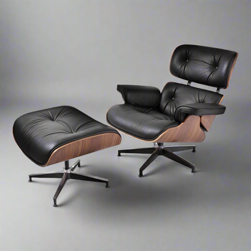 Eames Style XL Version Lounge Chair and Ottoman - Walnut Wood | Black Leather