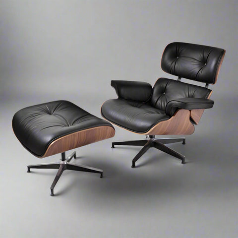 Eames Style XL Version Lounge Chair and Ottoman - Walnut Wood | Black Leather