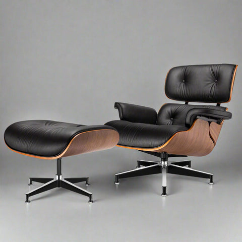 Eames Style XL Version Lounge Chair and Ottoman - Walnut Wood | Black Leather