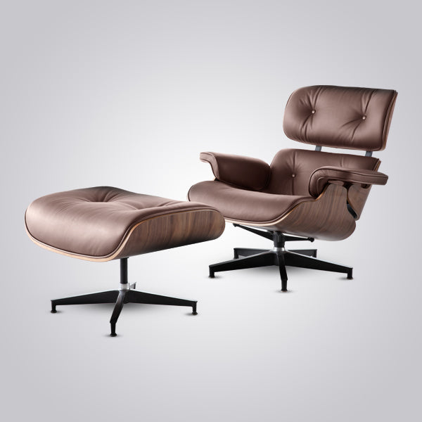 “Eames Lounge Chair & Ottoman in White Leather with Walnut Wood Finish – Mid-Century Modern Design”