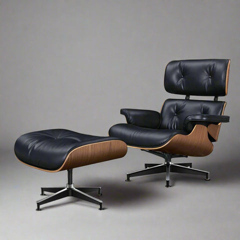 Eames Style XL Version Lounge Chair and Ottoman - Walnut Wood | Black Leather
