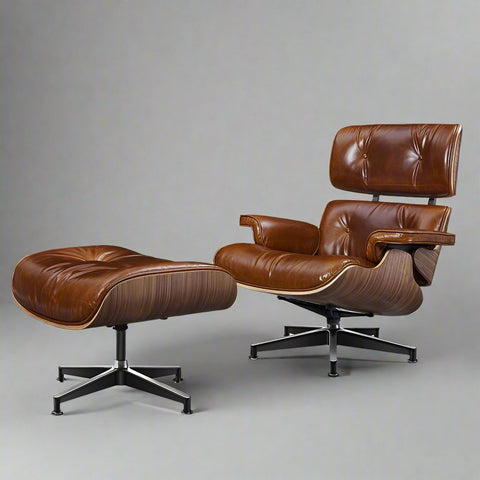 Eames Style Premium XL Lounge Chair and Ottoman - Walnut Wood | Waxed Vintage Tan