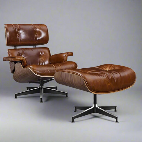 Eames Style Premium XL Lounge Chair and Ottoman - Walnut Wood | Waxed Vintage Tan