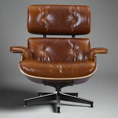 Eames Style Premium XL Lounge Chair and Ottoman - Walnut Wood | Waxed Vintage Tan
