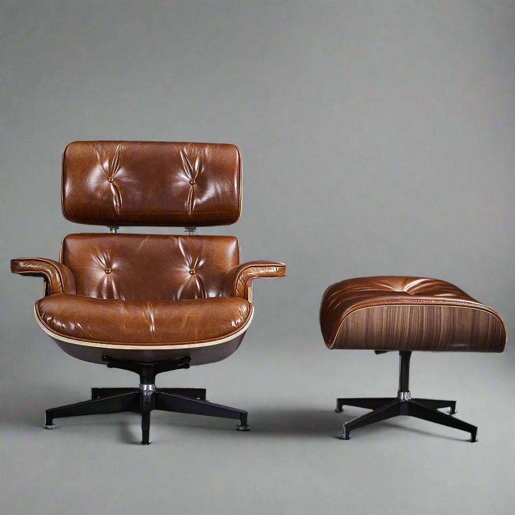 Eames Style Premium XL Lounge Chair and Ottoman - Walnut Wood | Waxed Vintage Tan