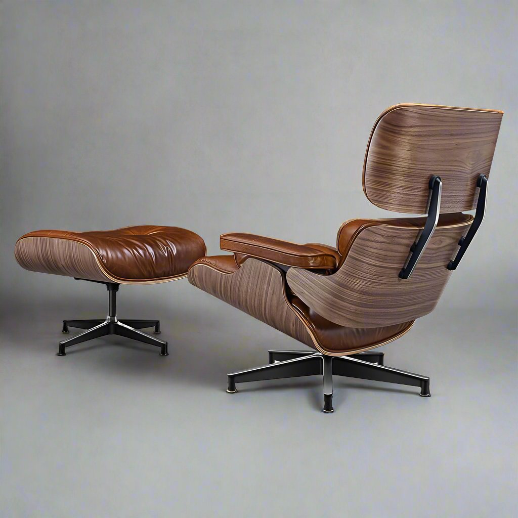 Eames Style Premium XL Lounge Chair and Ottoman - Walnut Wood | Waxed Vintage Tan