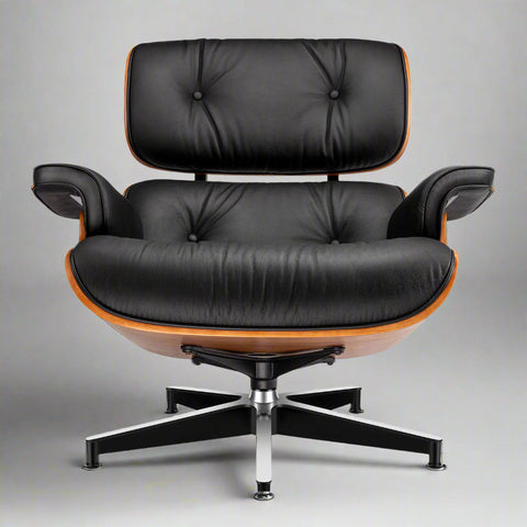 Eames Style XL Version Lounge Chair and Ottoman - Walnut Wood | Black Leather