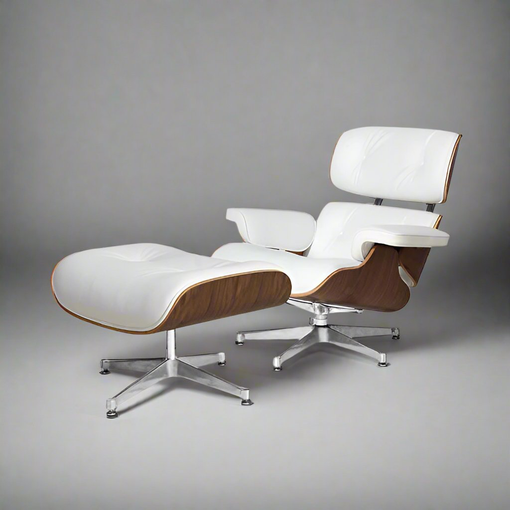 “Eames Lounge Chair & Ottoman in White Leather with Walnut Wood Finish – Mid-Century Modern Design”