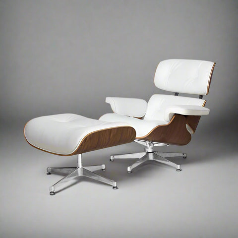 “Eames Lounge Chair & Ottoman in White Leather with Walnut Wood Finish – Mid-Century Modern Design”