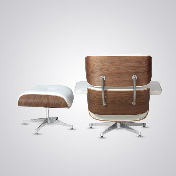 “Eames Lounge Chair & Ottoman in White Leather with Walnut Wood Finish – Mid-Century Modern Design”