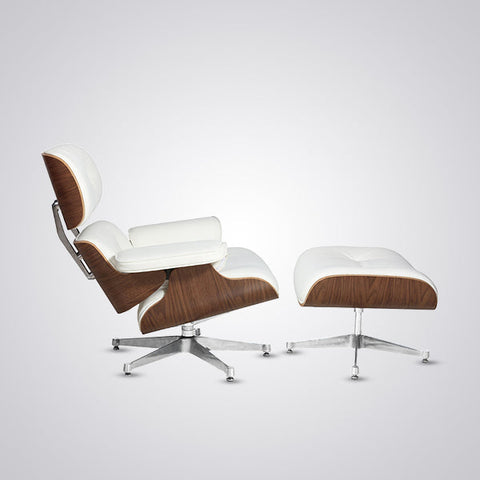 “Eames Lounge Chair & Ottoman in White Leather with Walnut Wood Finish – Mid-Century Modern Design”