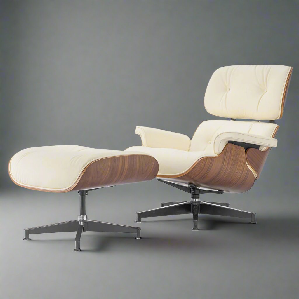 Eames Style XL Version Lounge Chair and Ottoman - Walnut Wood | Ivory White