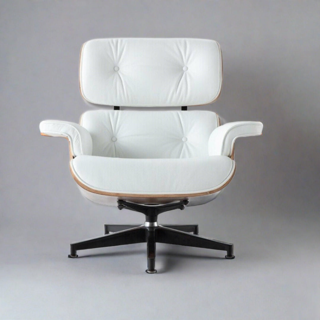 “Eames Lounge Chair & Ottoman in White Leather with Walnut Wood Finish – Mid-Century Modern Design”