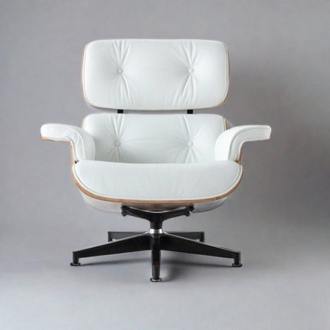 “Eames Lounge Chair & Ottoman in White Leather with Walnut Wood Finish – Mid-Century Modern Design”