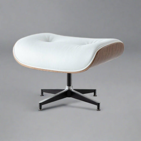 “Eames Lounge Chair & Ottoman in White Leather with Walnut Wood Finish – Mid-Century Modern Design”