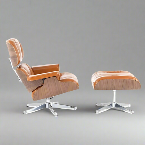 “Eames Lounge Chair & Ottoman in White Leather with Walnut Wood Finish – Mid-Century Modern Design”