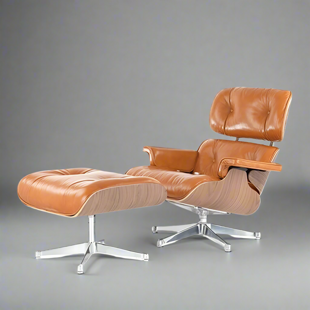 “Eames Lounge Chair & Ottoman in White Leather with Walnut Wood Finish – Mid-Century Modern Design”