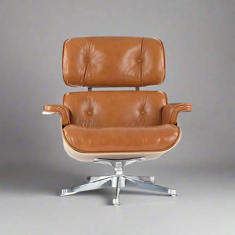 “Eames Lounge Chair & Ottoman in White Leather with Walnut Wood Finish – Mid-Century Modern Design”