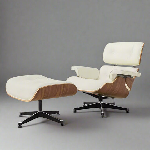 Charles Eames Style Lounge Chair and Ottoman - Walnut Wood | Ivory White