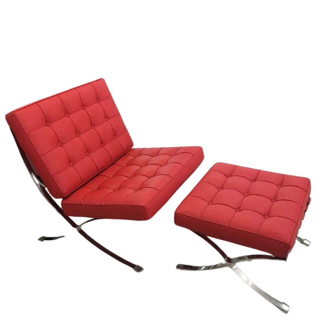 Premium Red Barcelona Pavilion Chair with Ottoman - Replica