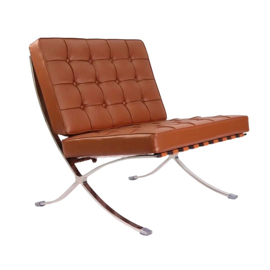 Premium hellbrauner Barcelona-Pavillonstuhl mit Ottomane – Replik