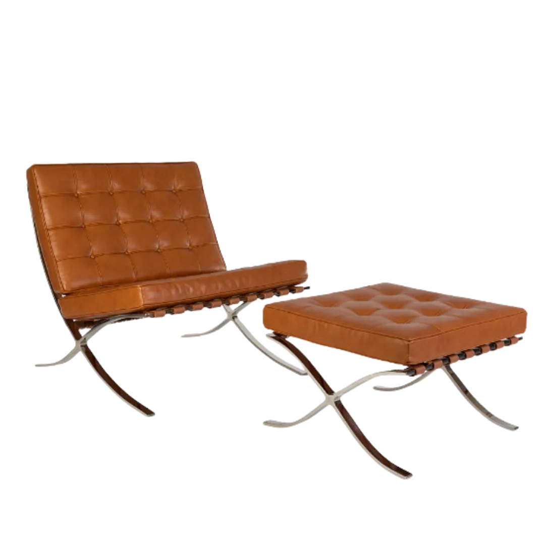premium tan brown barcelona pavilion chair with ottoman - replica